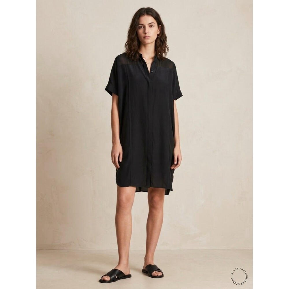 AllSaints Black Silk Shirt Dress Sz 4 Mandarin Collar Sheer Yoke Minimalist Goth